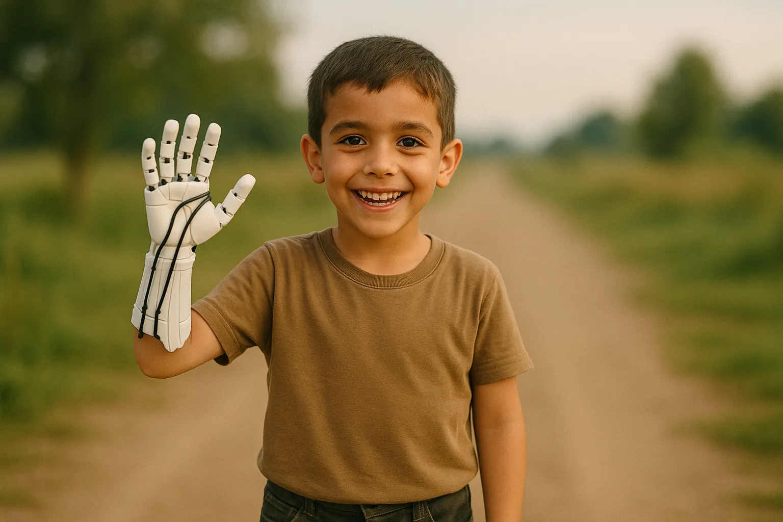 An AI generated image of a child with a prosthetic hand smiling and waving at the camera, with a blurred background of a park.